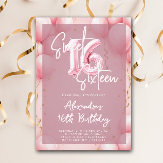 Pink Balloons Modern Calligraphy Elegant Sweet 16 招待状