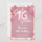 Pink Balloons Modern Calligraphy Elegant Sweet 16 招待状 (正面)