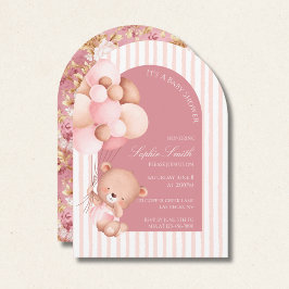 Pink Balloons, Stripes & Bloom Baby Shower Arch 招待状