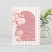 Pink Balloons, Stripes Bloom Baby Shower Scalloped 招待状 (スタンド正面)