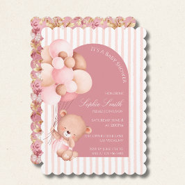 Pink Balloons, Stripes Bloom Baby Shower Scalloped 招待状