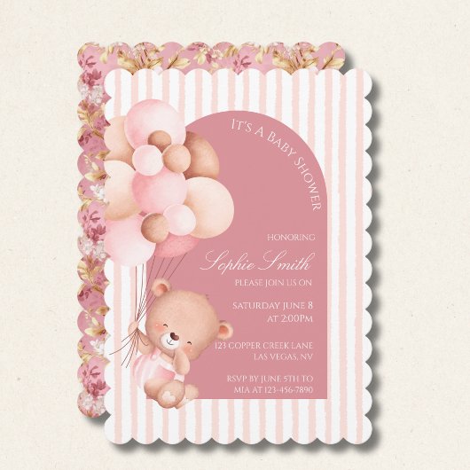 Pink Balloons, Stripes Bloom Baby Shower Scalloped 招待状