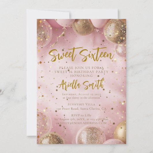 Pink balloons sweet 16 gold confetti 招待状 (正面)
