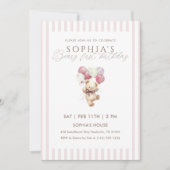 Pink Balloons Teddy Bear 1st Birthday 招待状 (正面)