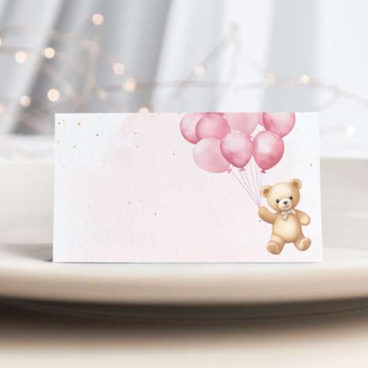 Pink balloons teddy bear baby shower place cards