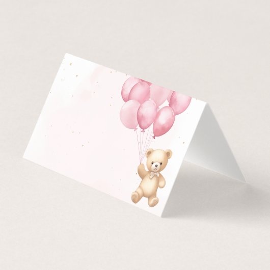 Pink balloons teddy bear baby shower place cards (正面)