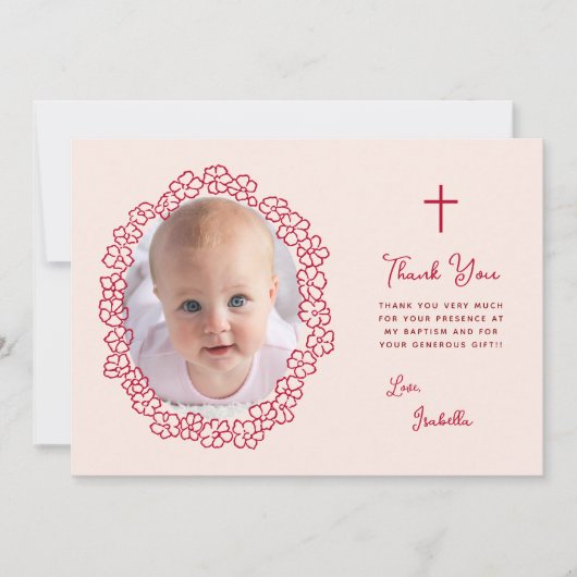 Pink Baptism Girl Photo & Red Floral Wreath Script サンキューカード (正面)