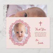 Pink Baptism Girl Photo & Red Floral Wreath Script サンキューカード (正面/裏面)