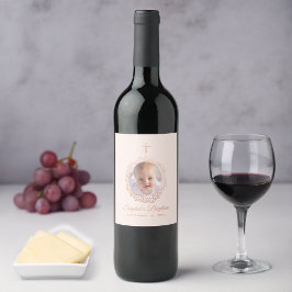 Pink Baptism Girl Photo Rose Gold Floral Wreath ワインラベル