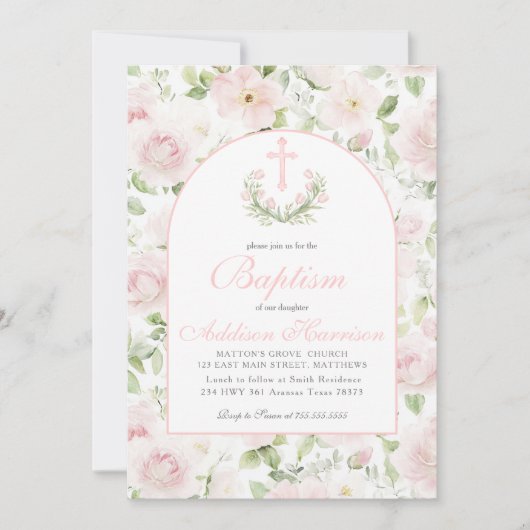 Pink Baptism Invitation, Girl Baptism,  招待状 (正面)