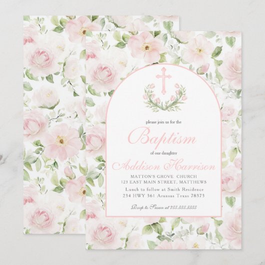 Pink Baptism Invitation, Girl Baptism,  招待状 (正面/裏面)