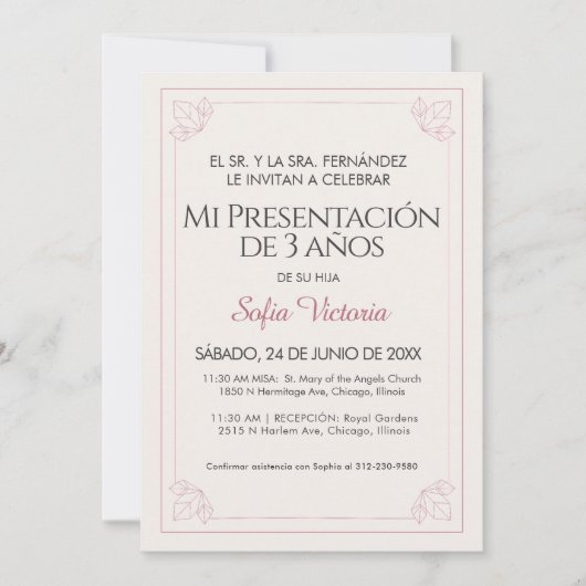 Pink Baptism Invitation – Mi Presentación Girl 招待状 (正面)