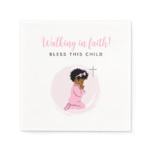 Pink Baptism Napkins with Black Praying Baby Girl