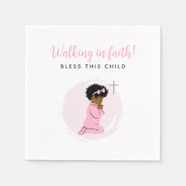 Pink Baptism Napkins with Black Praying Baby Girl スタンダードカクテルナプキン