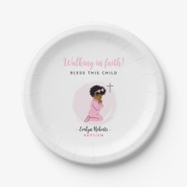 Pink Baptism Plates With Black Praying Baby Girl ペーパープレート