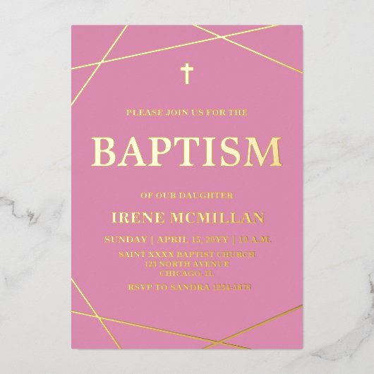  Pink Baptism Real Gold Foil Invitation 箔招待状 (正面)