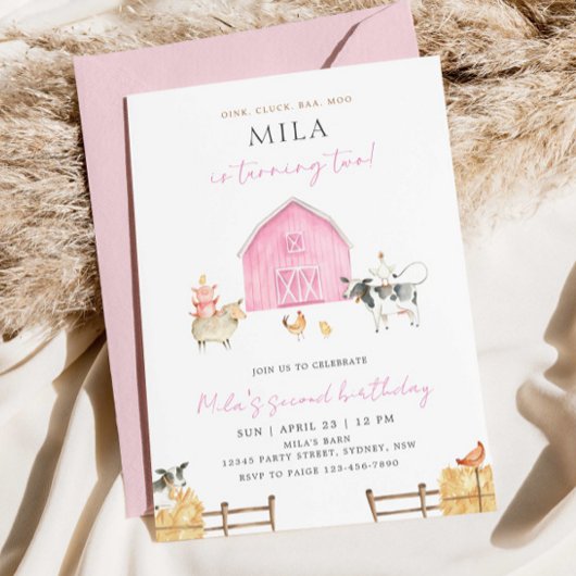 Pink Barn 2nd Birthday Party, Girl Farm B'day 招待状