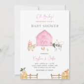 Pink Barn Farm Animals Oh Baby Girl Baby Shower 招待状 (正面)
