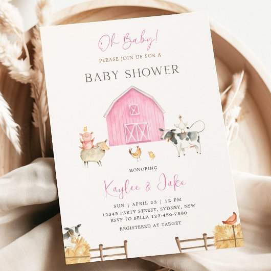 Pink Barn Farm Animals Oh Baby Girl Baby Shower 招待状