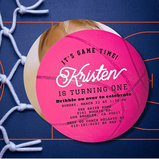 Pink Basketball Girl Photo 1st Birthday Circle 招待状