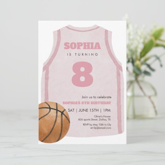 Pink Basketball Jersey Birthday Party Watercolor  招待状 (スタンド正面)
