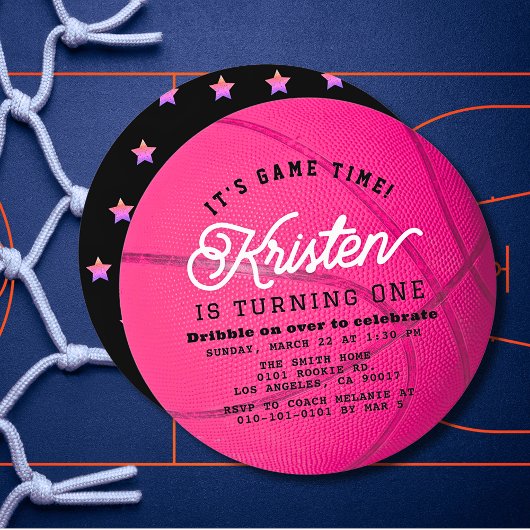 Pink Basketball Shape Girl 1st Birthday Circle 招待状