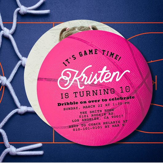 Pink Basketball Shape Photo Girl Birthday Circle 招待状