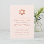 Pink Bat Mitzvah Simple Rose Gold Star of David 招待状 (スタンド正面)