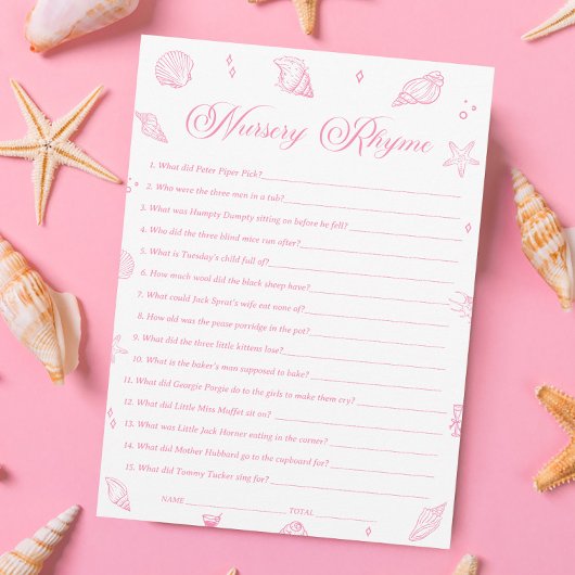 Pink Beach Coastal Baby Shower Nursery Rhyme Game 招待状