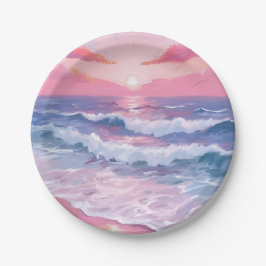 Pink Beach Ocean Shore Painted ペーパープレート