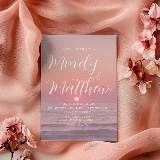 Pink Beach Sunset Destination Wedding Invitation 招待状
