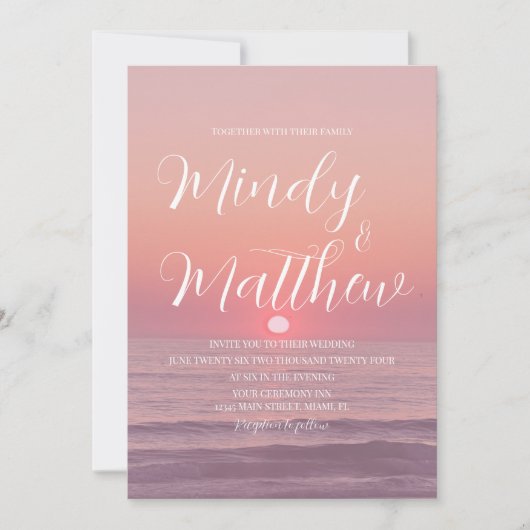 Pink Beach Sunset Destination Wedding Invitation 招待状 (正面)
