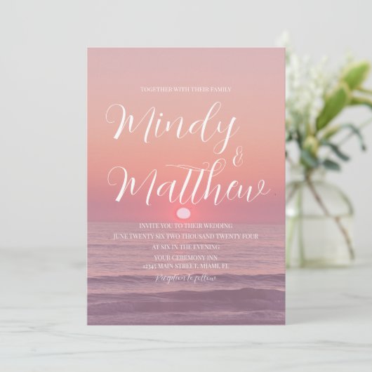 Pink Beach Sunset Destination Wedding Invitation 招待状 (スタンド正面)