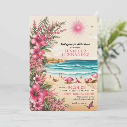 Pink Beach Wedding Shower 招待状 (スタンド正面)