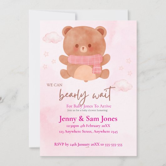 Pink Bear Baby Shower Invitation | Cute & Customis 招待状 (正面)
