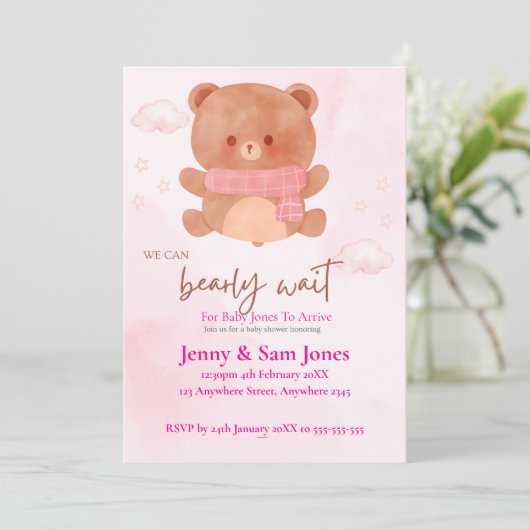 Pink Bear Baby Shower Invitation | Cute & Customis 招待状 (スタンド正面)