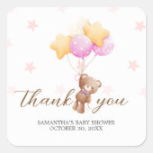 Pink Bear Balloon Baby Shower スクエアシール (正面)