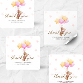 Pink Bear Balloon Baby Shower スクエアシール