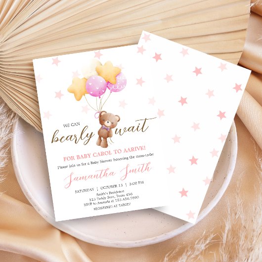 Pink Bear Balloon Baby Shower 招待状