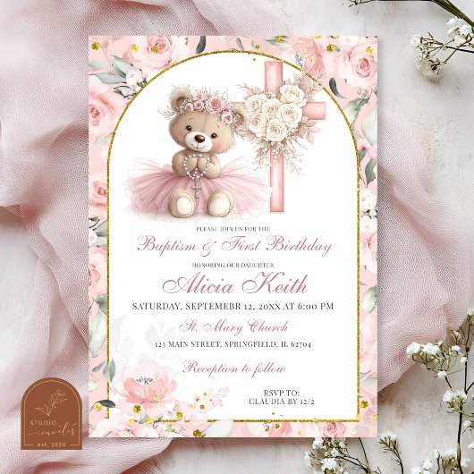 Pink Bear Baptism & First Birthday Invitation 招待状