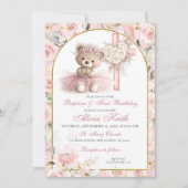 Pink Bear Baptism & First Birthday Invitation 招待状 (正面)