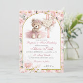 Pink Bear Baptism & First Birthday Invitation 招待状 (スタンド正面)
