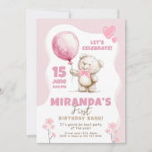 Pink Bear Birthday Bash 1st birthday 招待状 (正面)