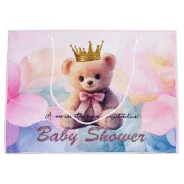 Pink Bear Gold Crown It's a Girl ラージペーパーバッグ