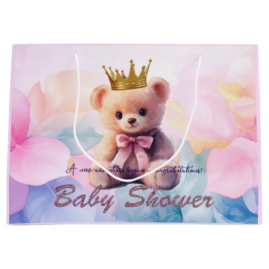 Pink Bear Gold Crown It's a Girl ラージペーパーバッグ (正面)