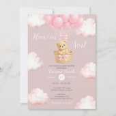 Pink Bear Heaven Sent Balloon Baby Shower Invite 招待状 (正面)