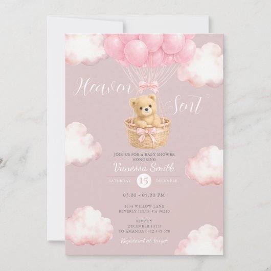 Pink Bear Heaven Sent Balloon Baby Shower Invite 招待状 (正面)