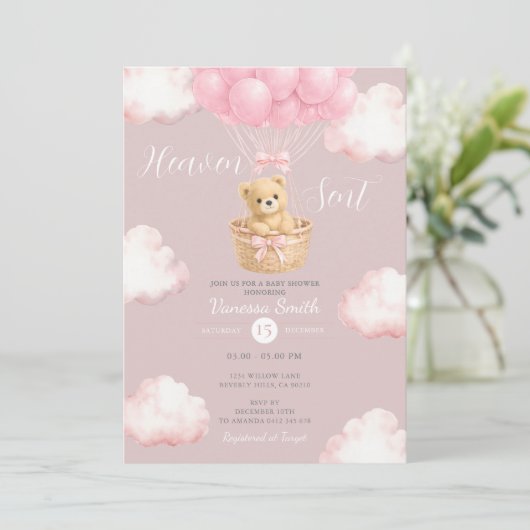 Pink Bear Heaven Sent Balloon Baby Shower Invite 招待状 (スタンド正面)