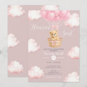 Pink Bear Heaven Sent Balloon Baby Shower Invite 招待状 (正面/裏面)