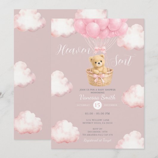 Pink Bear Heaven Sent Balloon Baby Shower Invite 招待状 (正面/裏面)